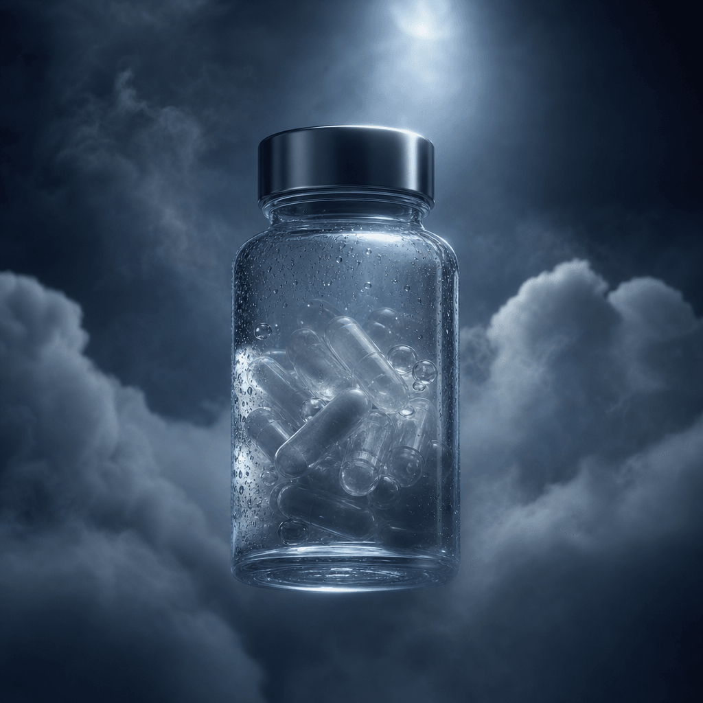 A translucent glass wellness bottle suspended inside pale blue-gray mist and feathered clouds, cool moonlit studio light