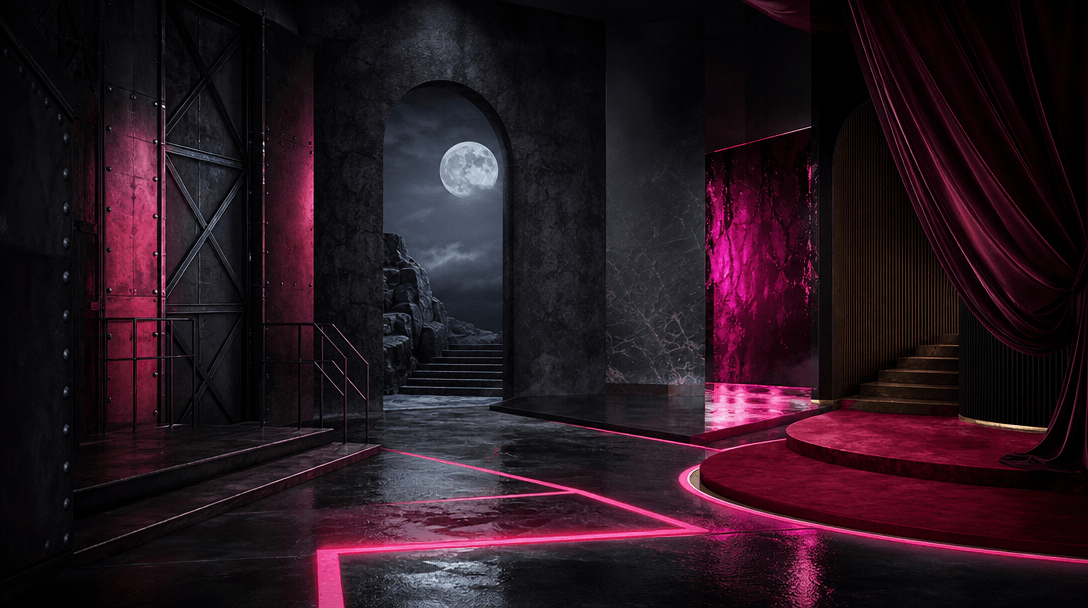 A refined abstract creative set built from four theatrical environments merging into one coherent cinematic stage: indus