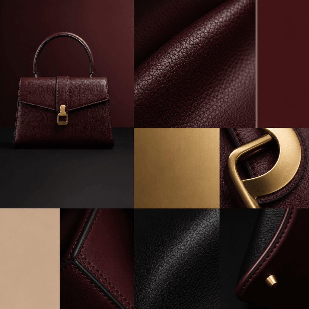 A statement handbag arranged as a square Pantone-inspired fashion collage, featuring the full bag, macro leather grain, 