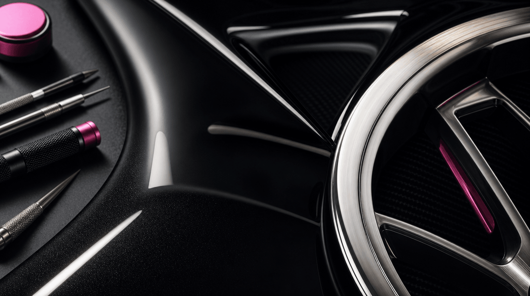 Extreme close-up of flawless automotive paint, a polished wheel edge, glass reflections, and tiny precision tools arrang