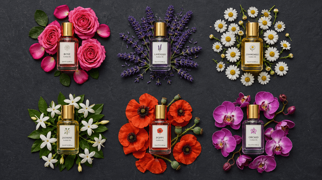 Overhead flat lay of six small glass cosmetic bottles arranged symmetrically on dark slate, each surrounded by a differe