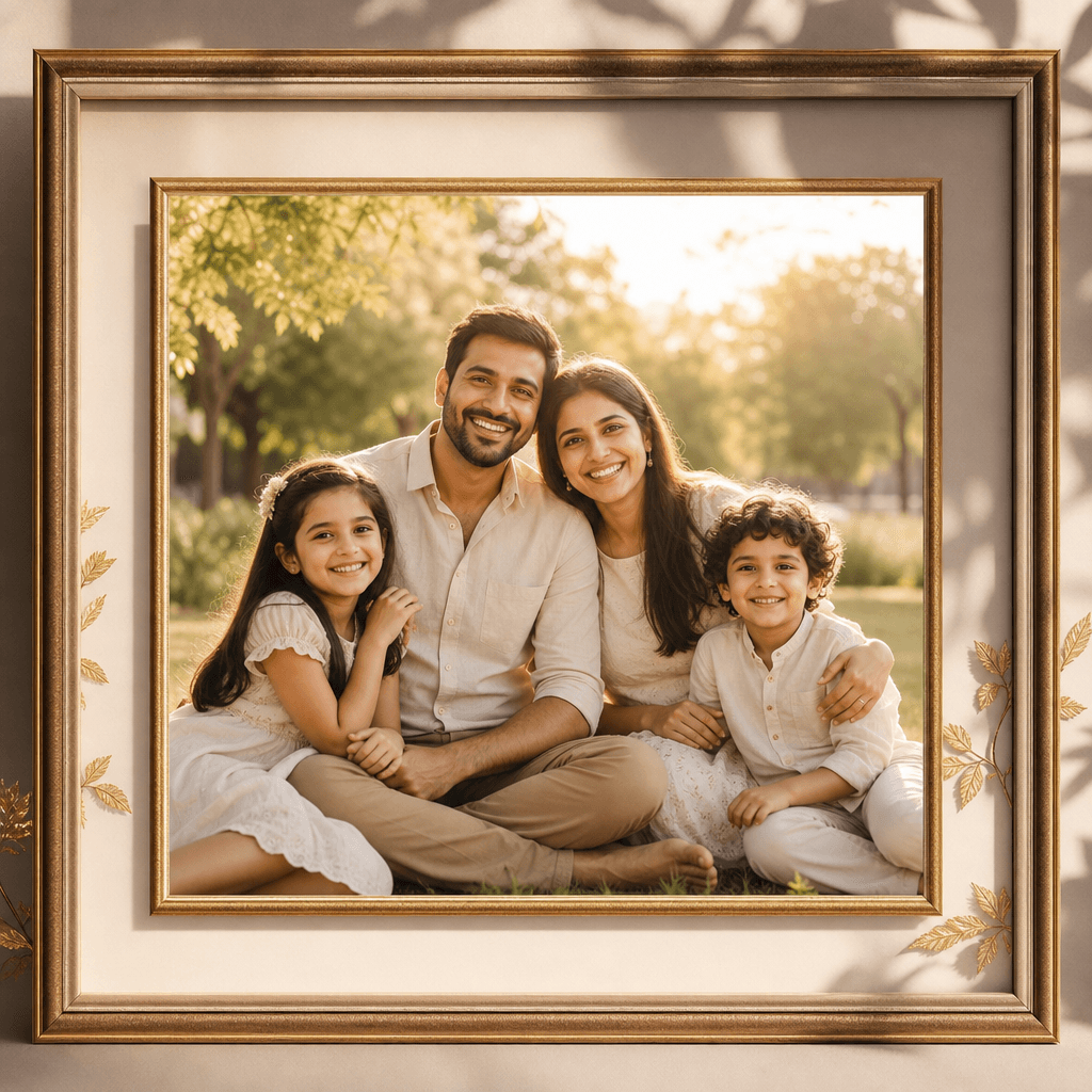 Outdoor family group photo with artistic frame styling. Natural setting, warm sunlit faces, frames overlaid with soft sh