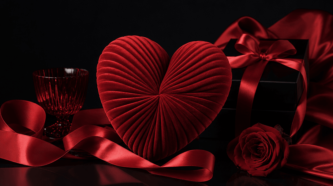 Premium Valentine's campaign still life with a sculptural red heart cushion, satin ribbon, subtle gift packaging and dee