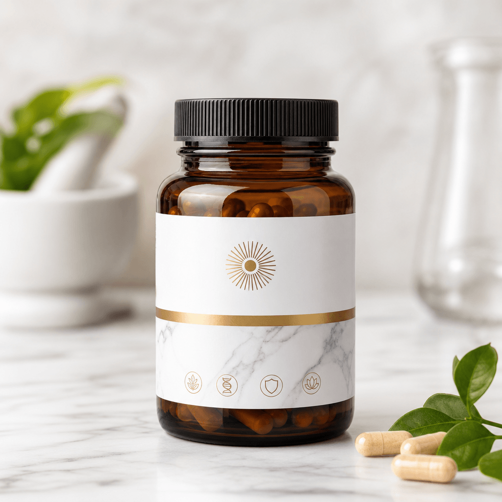 A glossy amber glass vitamin supplement bottle on clean white marble. Bright neutral studio lighting. Sharp label detail