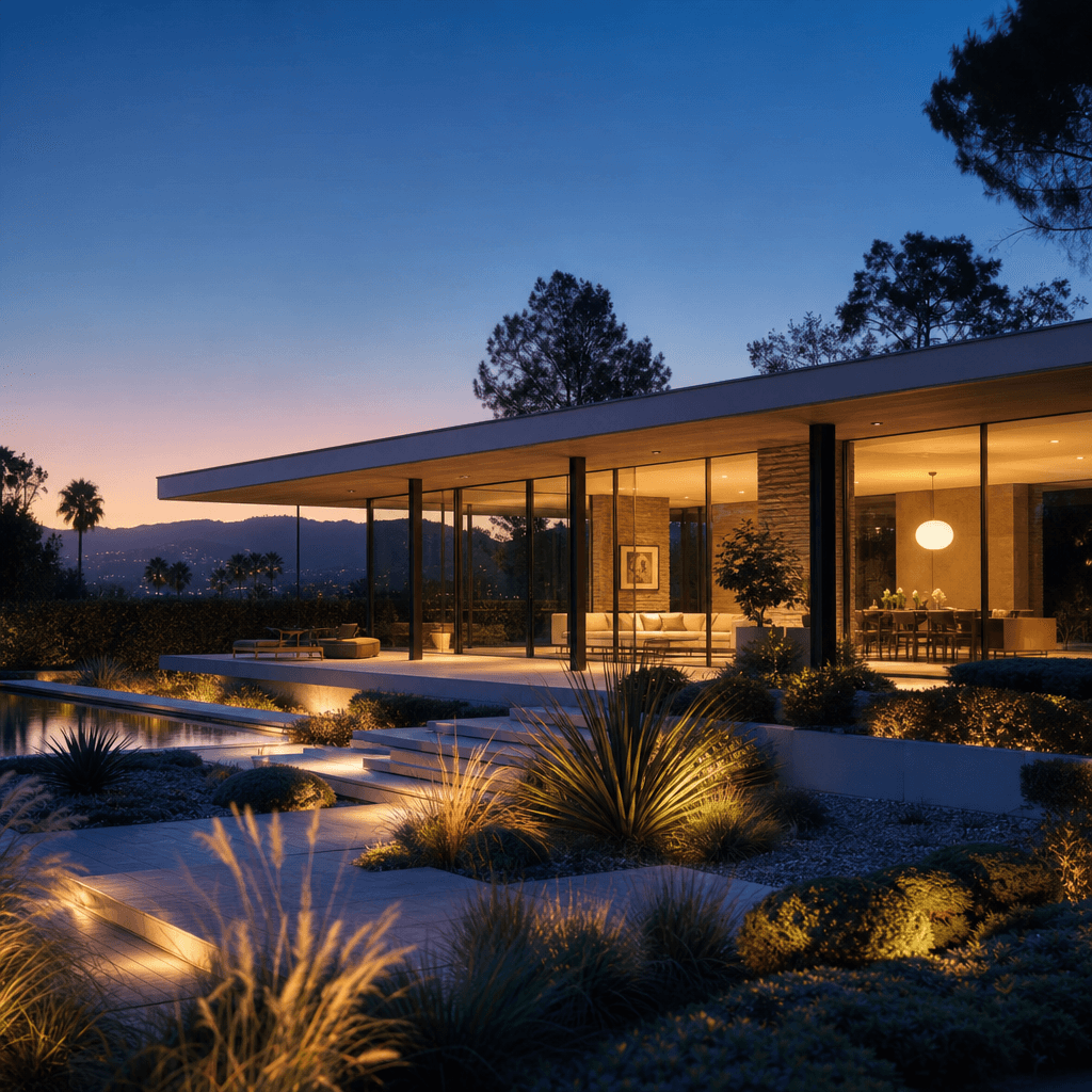 Architectural exterior reveal at blue hour: a renovated mid-century modern villa with warm interior light glowing throug