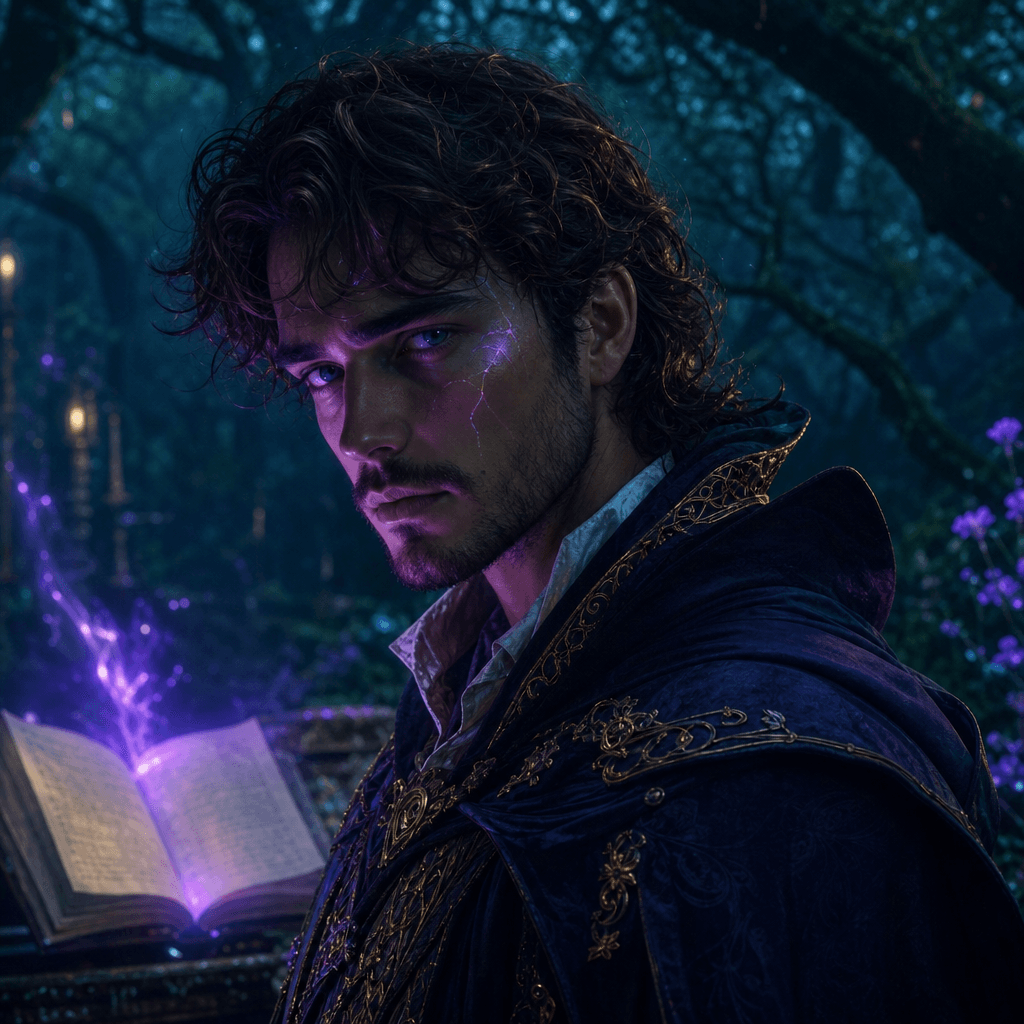 Wizard character portrait dark academia style, magical glow around face, enchanted forest background, mystical ambient l