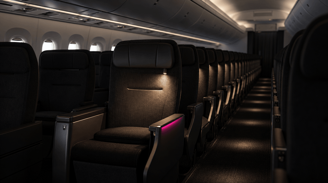 Wide cinematic airplane cabin aisle with repeating dark seatbacks creating a rhythmic media landscape, one central seat 