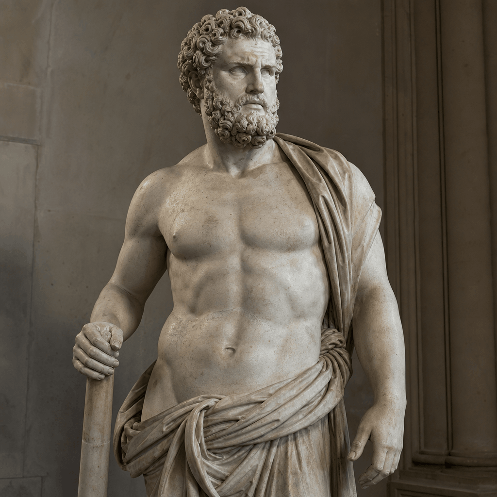 Museum-quality classical statue with defined proportions, lit from side showing detailed stone carving and weathered fin