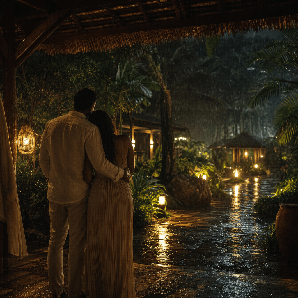 An anonymous adult couple standing beneath a tropical rain shelter while warm resort lights reflect on wet stone. Cinema