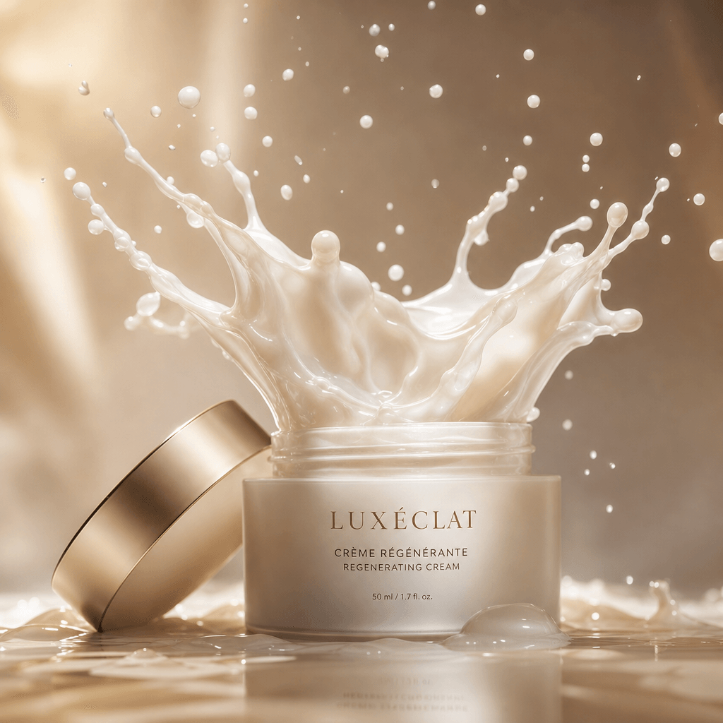 Creamy white liquid splash erupting from luxury skincare jar, soft warm studio lighting, high-speed motion capture aesth