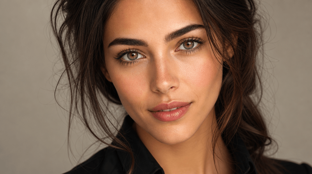 High-resolution portrait texture detail showing skin clarity, hair detail, eye sparkle, and professional photograph qual