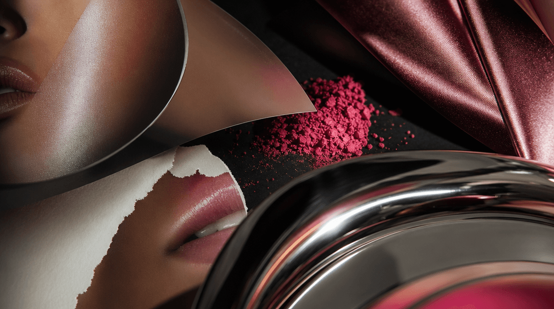Macro view of premium photographic paper, glossy portrait fragments, cosmetic pigment, satin fabric, and polished chrome