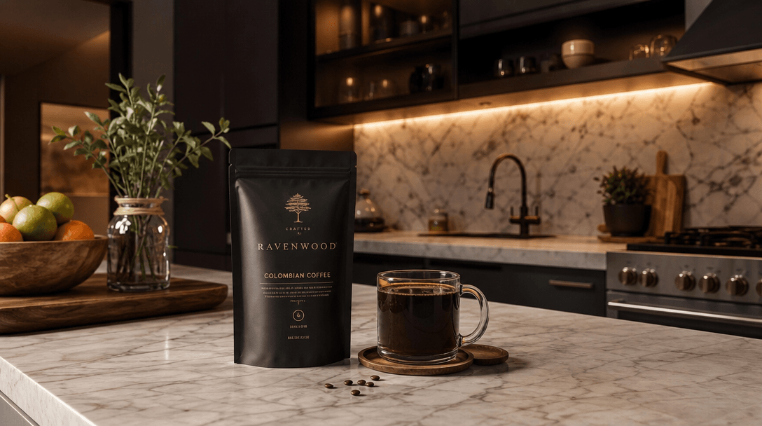 Premium kitchen counter with product naturally placed on surface. Warm ambient lighting, cinematic color grading. Smooth
