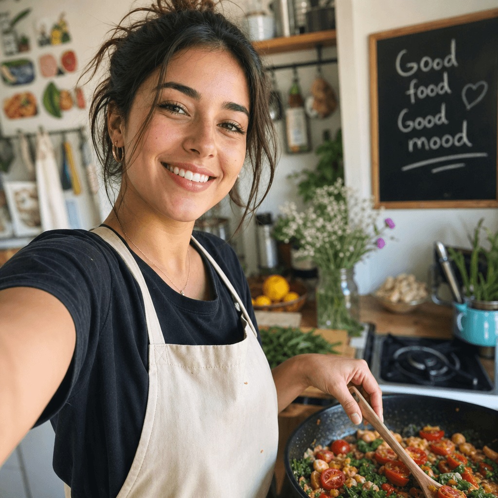 A dynamic lifestyle photo of a person engaging in a fun activity, like cooking or painting, derived from a selfie. The s