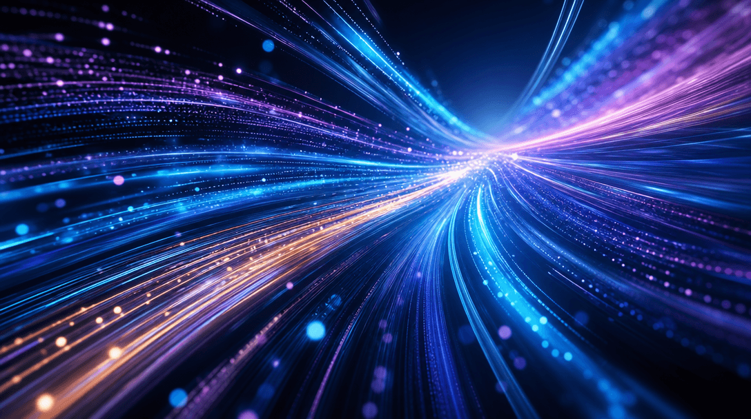 Fast digital processing visualization. Light trails and motion blur creating sense of speed, data flowing with ethereal 