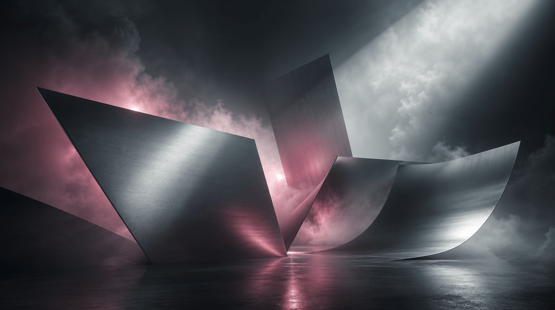 An abstract high-altitude set made from folded brushed metal, soft cloud vapor, and directional shafts of light, suggest