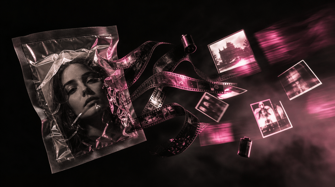 A vacuum-packed portrait artifact transitioning visually into strips of cinematic film and luminous image frames, repres