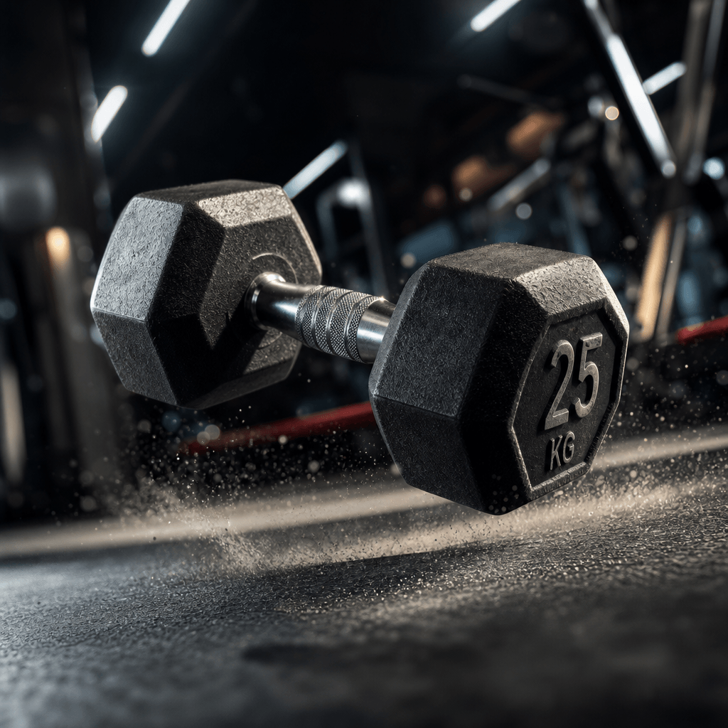 Sports equipment (weights/dumbbell) captured mid-motion, dramatic lighting creating depth, muscular energy conveyed, gym