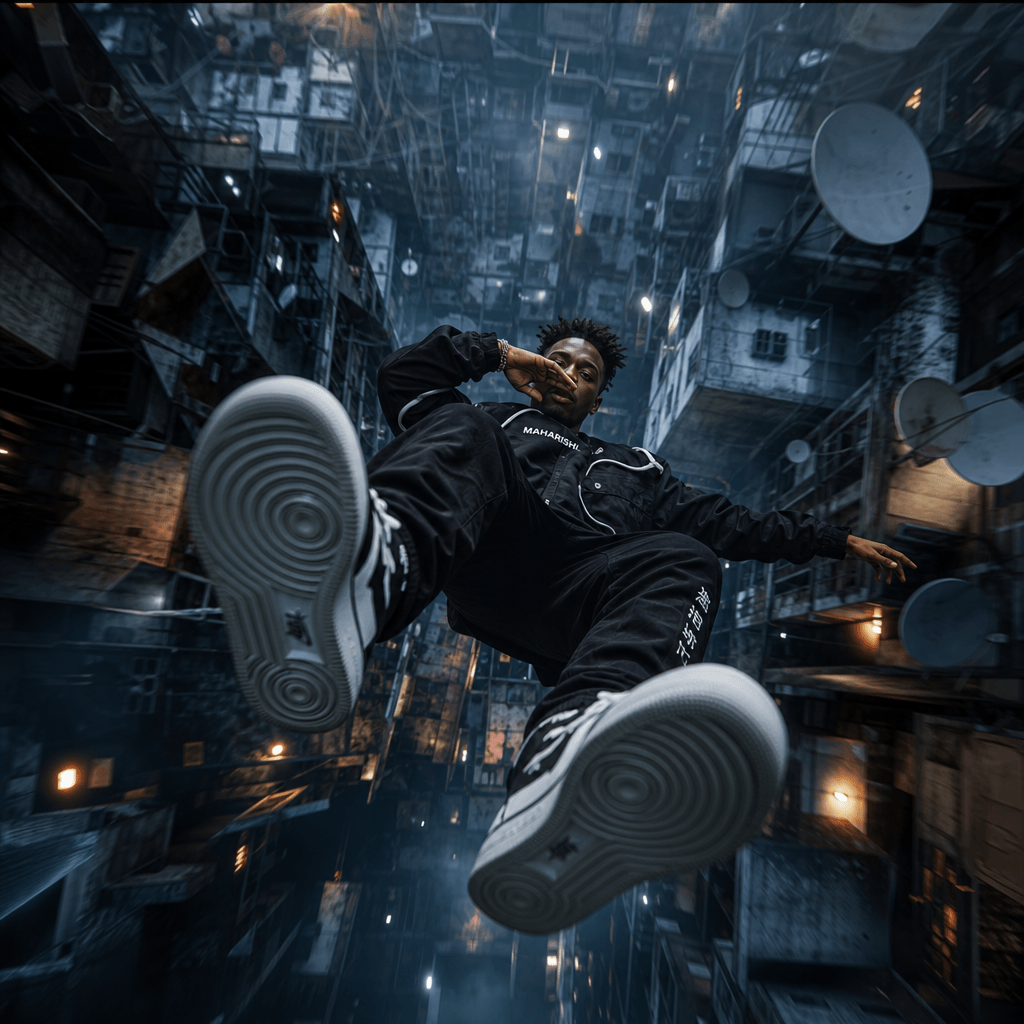 A streetwear creator appearing to fall through a surreal vertical landscape of concrete rooftops, satellite dishes, and 