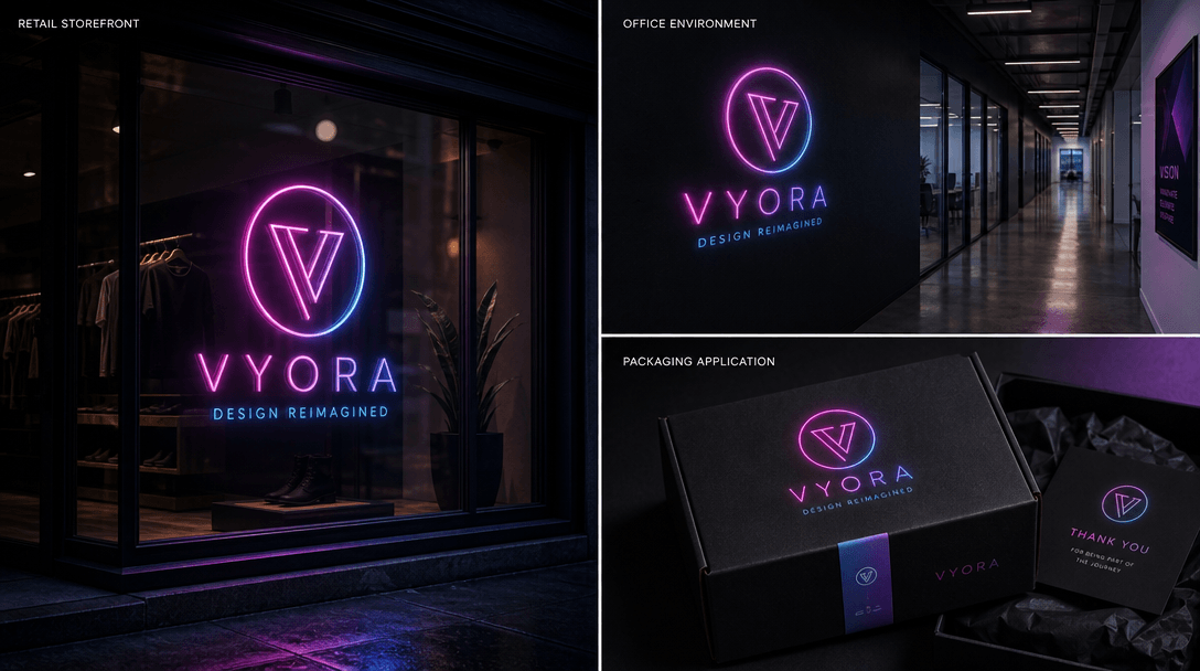 Neon logo mockup displayed in multiple contexts: on retail storefront window, in modern office hallway, on product packa