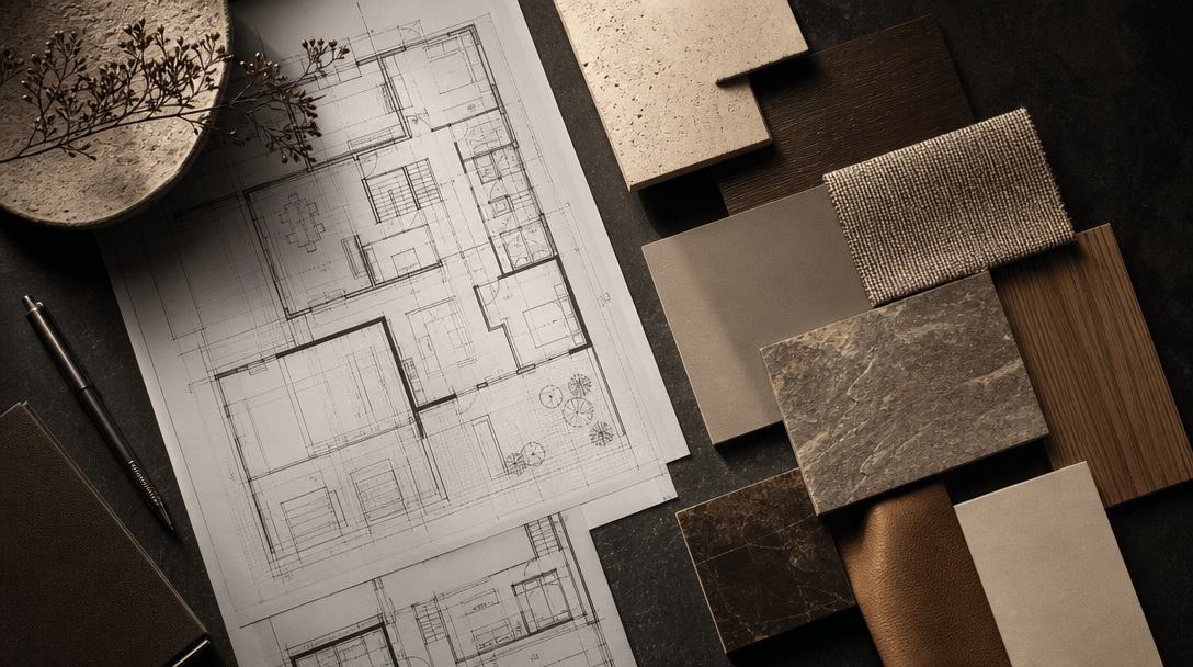 Overhead flat-lay composition of crisp architectural blueprints, refined material sample swatches in warm neutral tones,