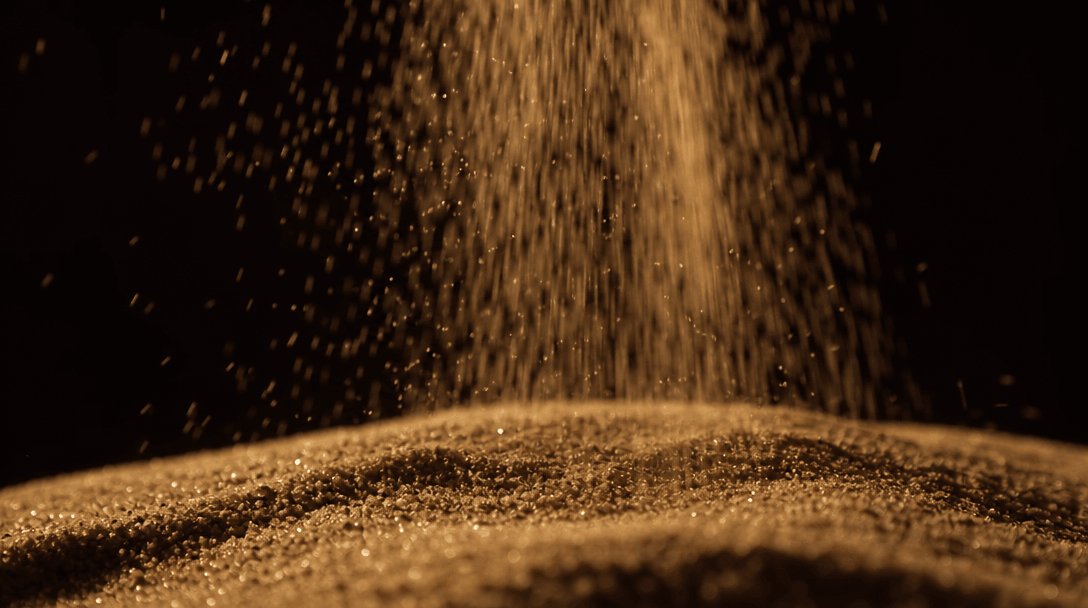 Abstract cinematic close-up of individual sand grains falling and settling with motion blur, particle trails visible aga