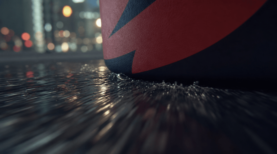 Ultra-slow-motion extreme close-up: the curved lower edge of a giant cylindrical product — matte surface, bold graphic l
