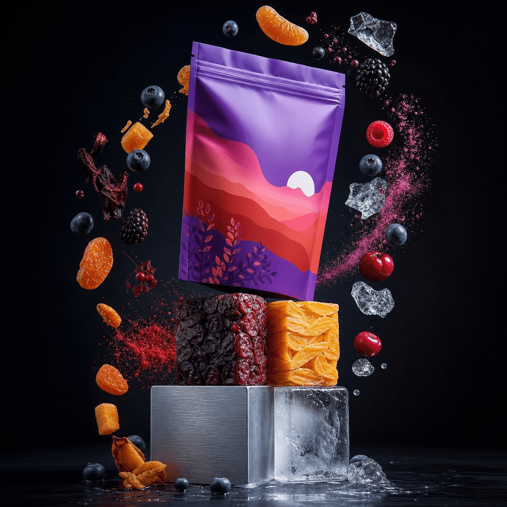 A colorful supplement pouch poised on stacked cubes of dried fruit, ice, and brushed metal, with ingredients arranged in