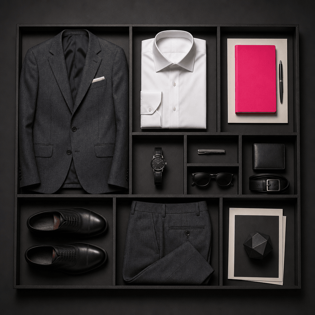 A minimalist weekday outfit composition with a tailored charcoal blazer, white shirt, structured trousers, leather shoes