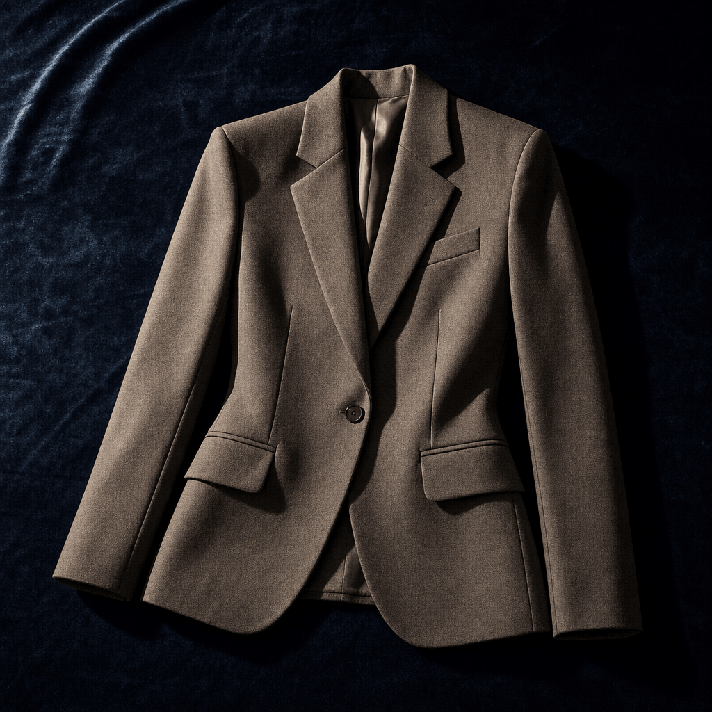 Fashion editorial: a single structured blazer laid flat on dark textured velvet fabric, dramatic raking studio light fro
