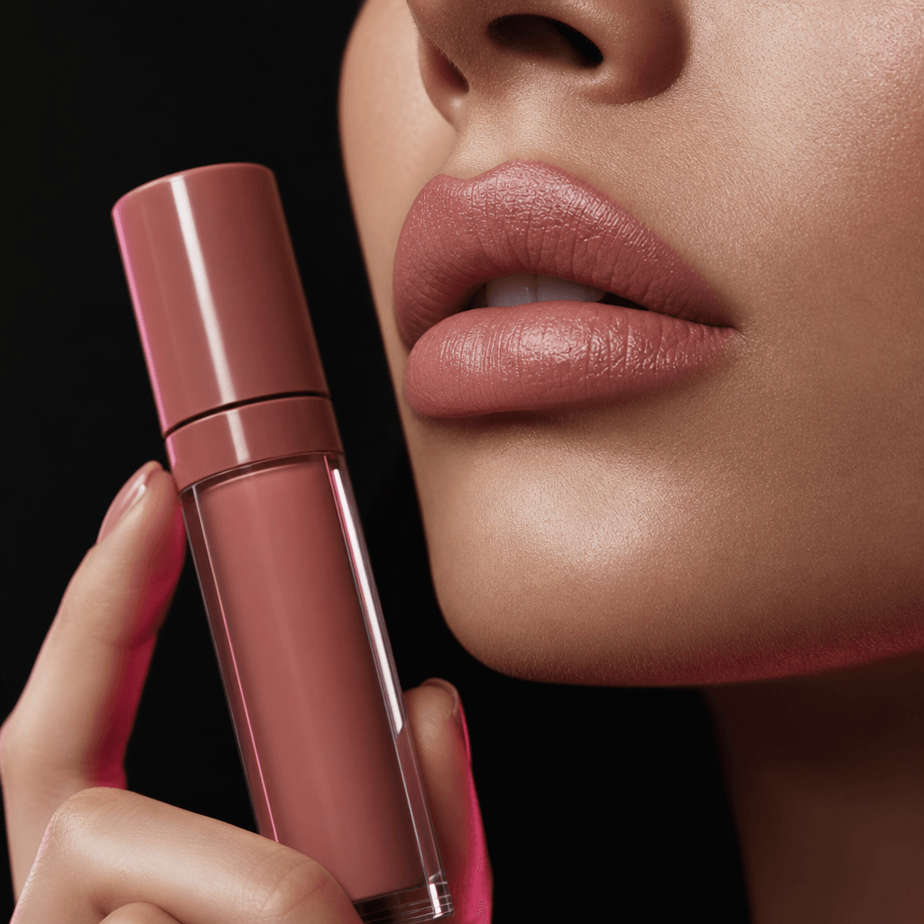 Square macro beauty campaign photograph of soft rose-nude lips with a satin finish, coordinated with an elegant unbrande