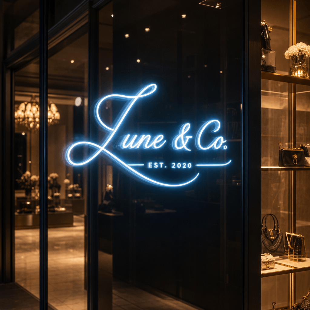 Elegant cursive neon logo in soft blue-white, mounted in upscale retail setting, glass storefront reflection, warm tungs