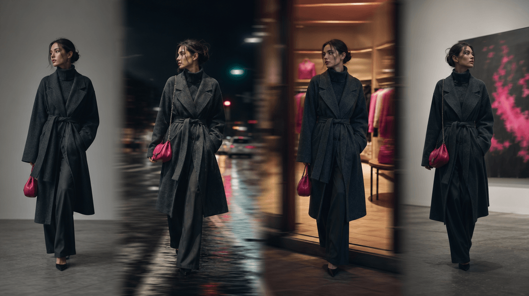 One coordinated outfit interpreted across four adjacent editorial environments through changes in light, material, and c
