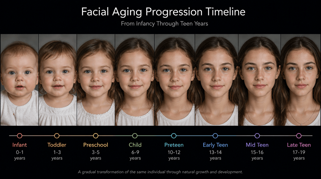 Facial aging progression timeline showing subtle transitions from infancy through teen years. Smooth morphing effects an
