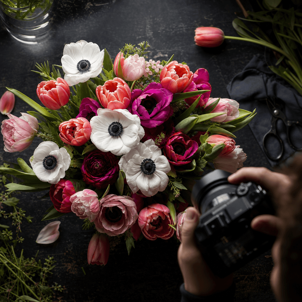 A vivid spring bouquet of tulips and anemones being photographed from above by an anonymous creator, hands and camera pa