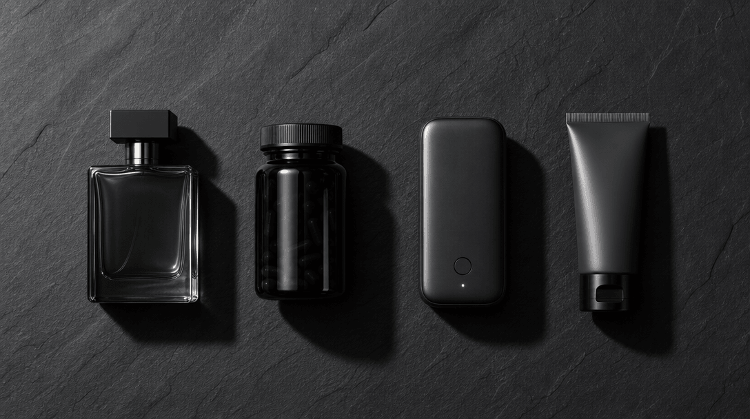 Editorial flat lay: four distinct product types — a perfume bottle, a supplement jar, a sleek gadget, and a skincare tub