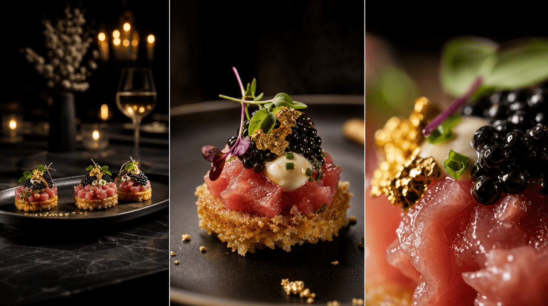 Same luxury appetizer shown from three simultaneous perspectives: wide shot establishing ambiance, medium close-up of pl
