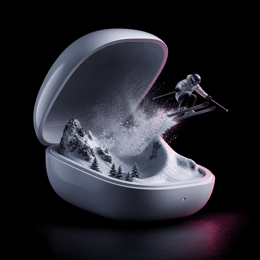 A sculptural white wireless headphone case reimagined as a miniature alpine bowl, with one anonymous skier launching fro