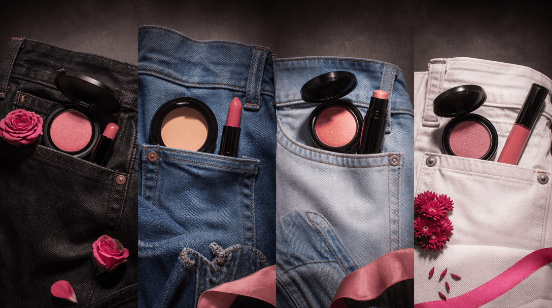 Four coordinated pocket-inspired beauty still lifes arranged as one continuous editorial scene, varied denim washes and 