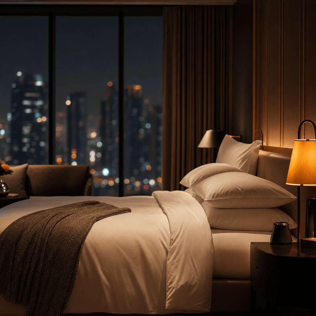 Hotel-grade bedroom with layered white linen bedding, warm amber bedside lamp casting a controlled glow, floor-to-ceilin