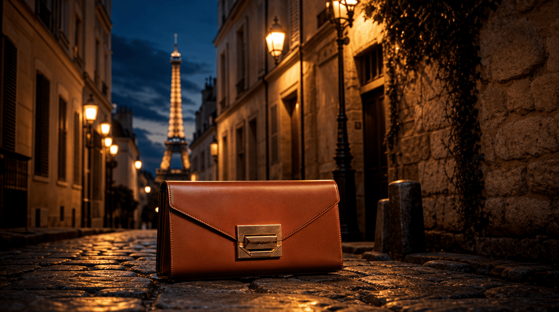 Wide cinematic scene: a luxury structured leather clutch bag dramatically lit against a Parisian cobblestone alley at du