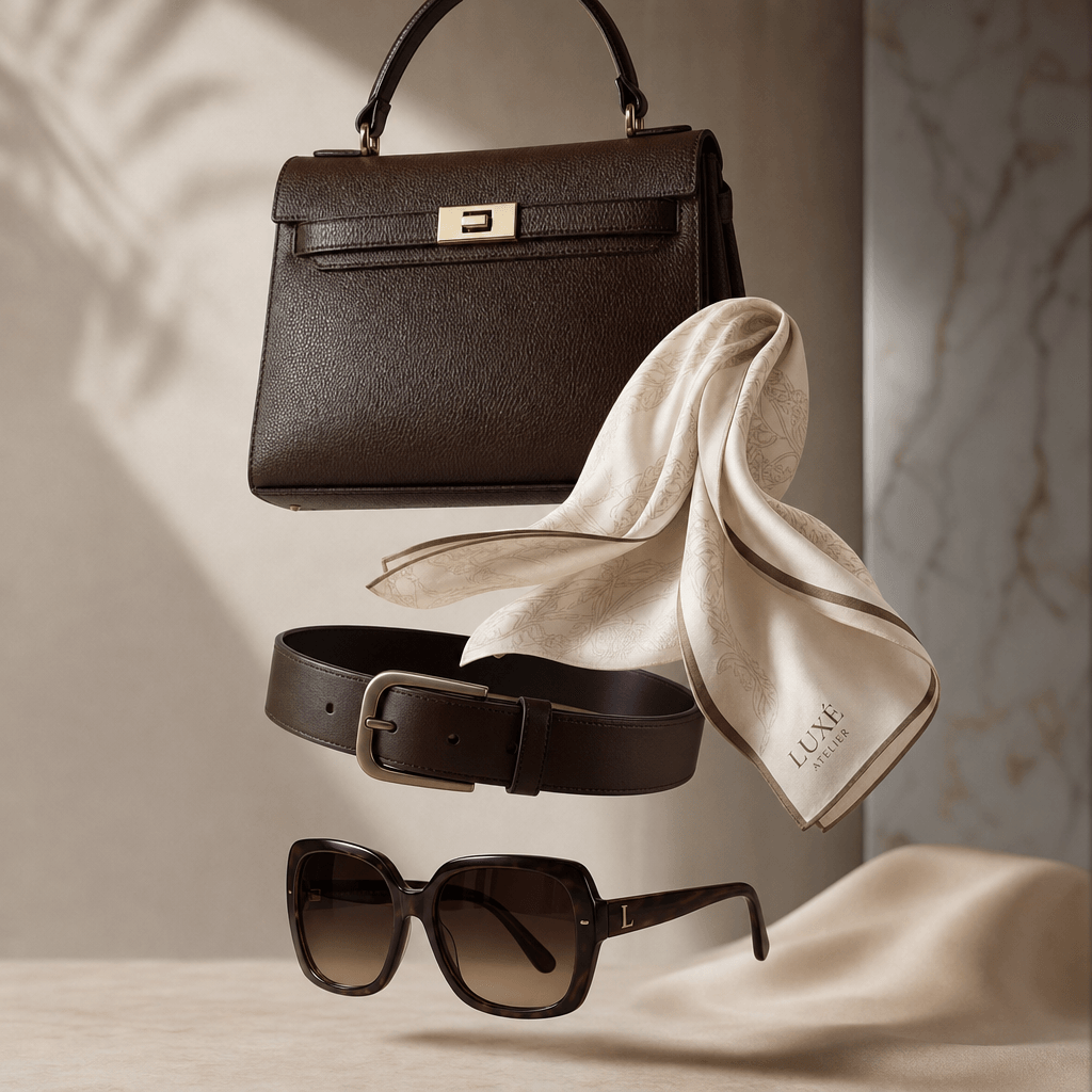 Fashion accessory cascade — chocolate leather handbag, cream silk scarf, brushed metal belt, oversized sunglasses appear