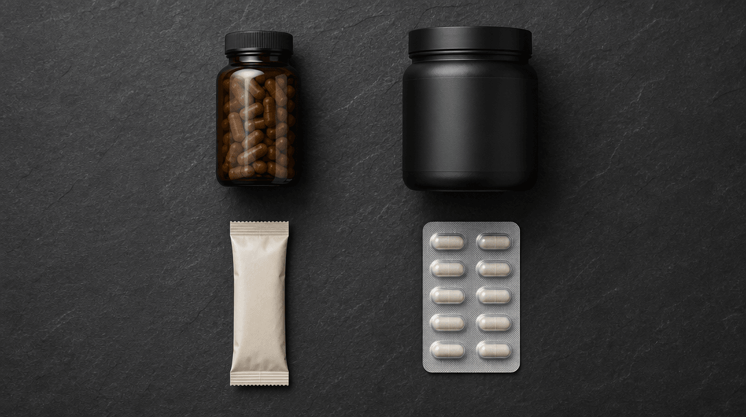 Overhead flat-lay editorial of four supplement products — a bottle, a tub, a sachet, and a blister pack — arranged in a 