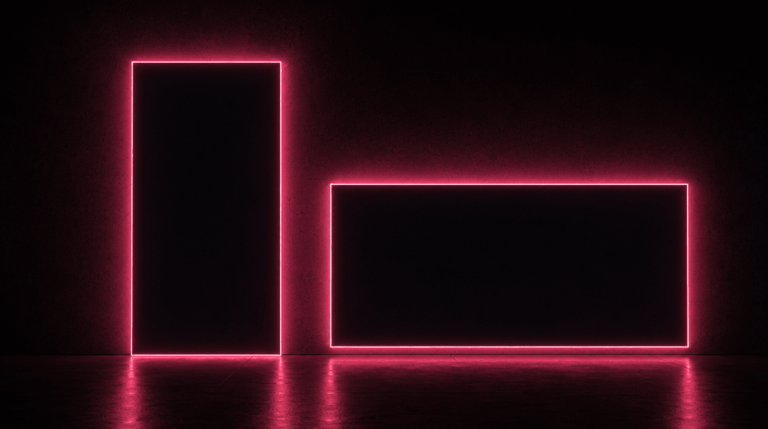 Abstract geometric composition on a near-black surface: a tall vertical rectangle and a wide horizontal rectangle floati