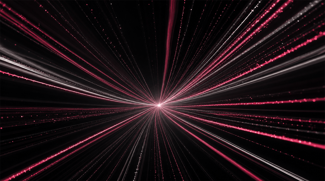 Abstract fine-art photograph: multiple luminous particle streams in hot pink and soft white converging to a single glowi