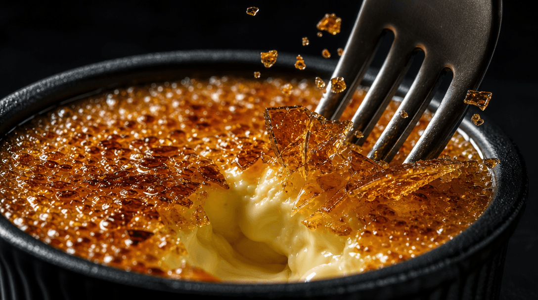 Macro close-up of fork cutting through silky creme brulee, caramelized sugar shell shattering mid-cut. Ultra-high defini