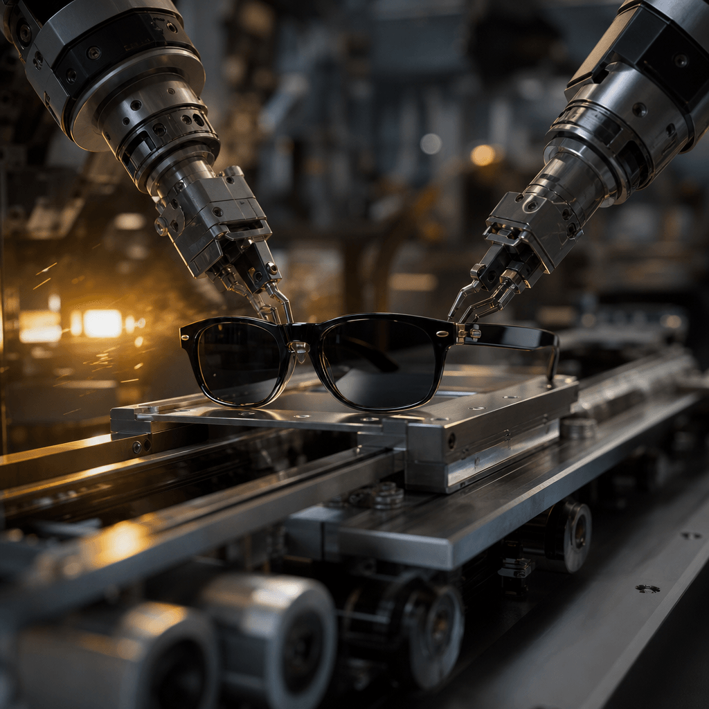 A sleek pair of sunglasses moving through a precision factory line with robotic grippers, brushed metal machinery, spark