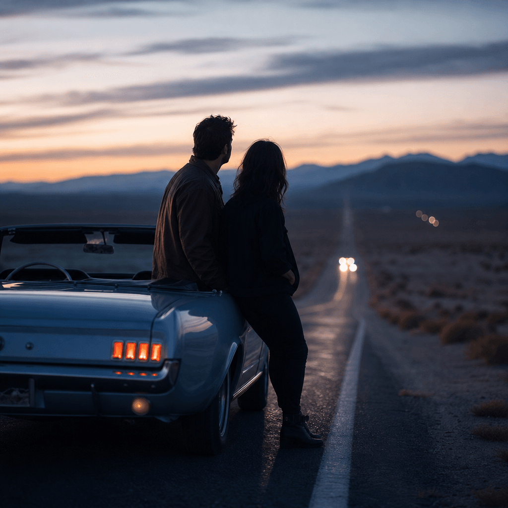 An anonymous adult couple beside a vintage convertible on a desert road during blue hour, distant mountains and faint he