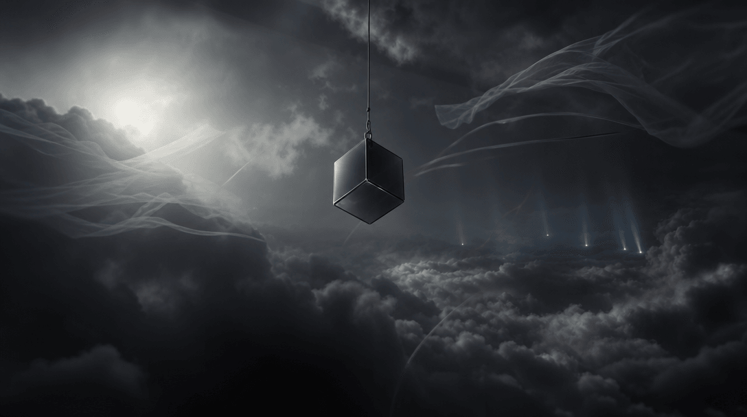 An empty aerial film set imagined abstractly through a product suspended above rolling clouds, surrounded by subtle trac