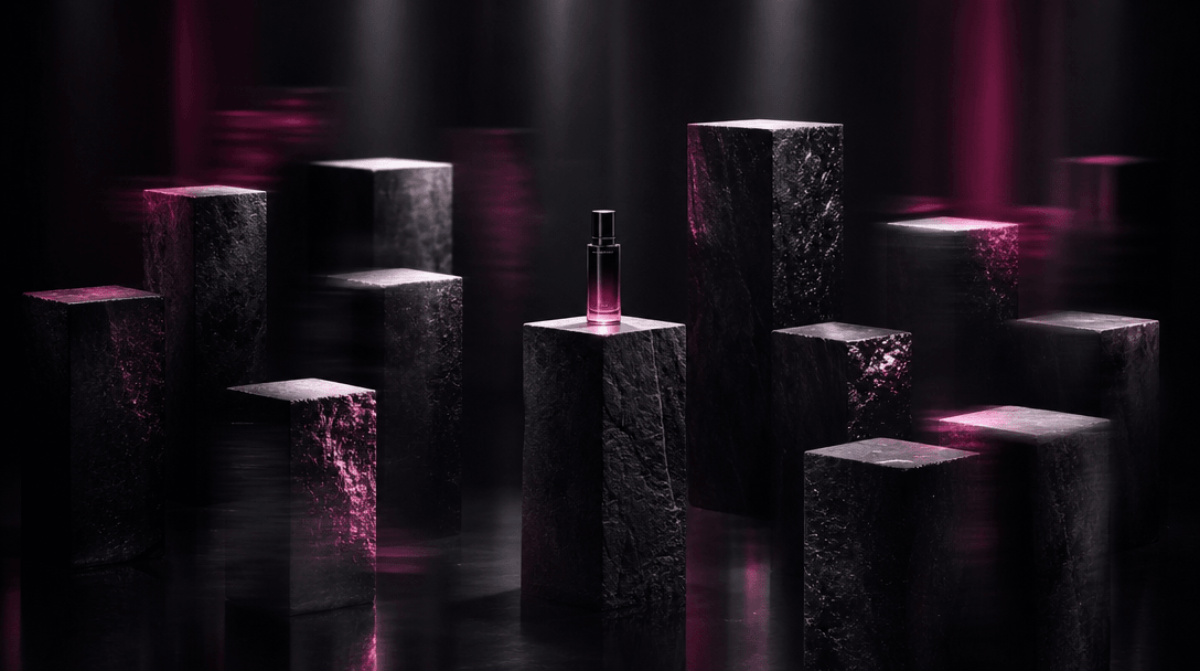 An abstract retail landscape formed from twelve dark stone plinths arranged in a precise visual rhythm, each catching a 